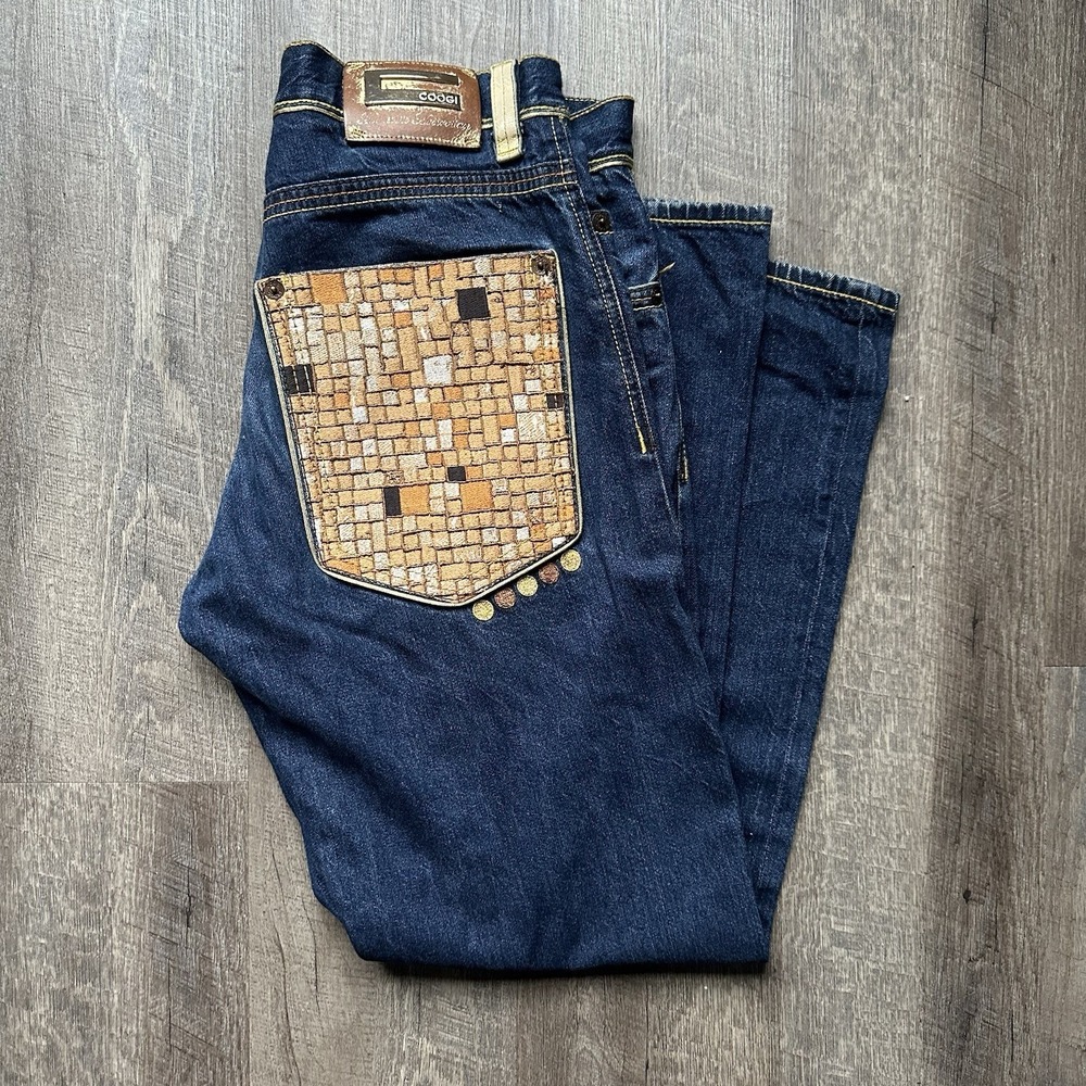 Mens Coogi Hip Hop Jeans 34 X 34 Embroidered Pockets Gold Leather Trim Dark Wash